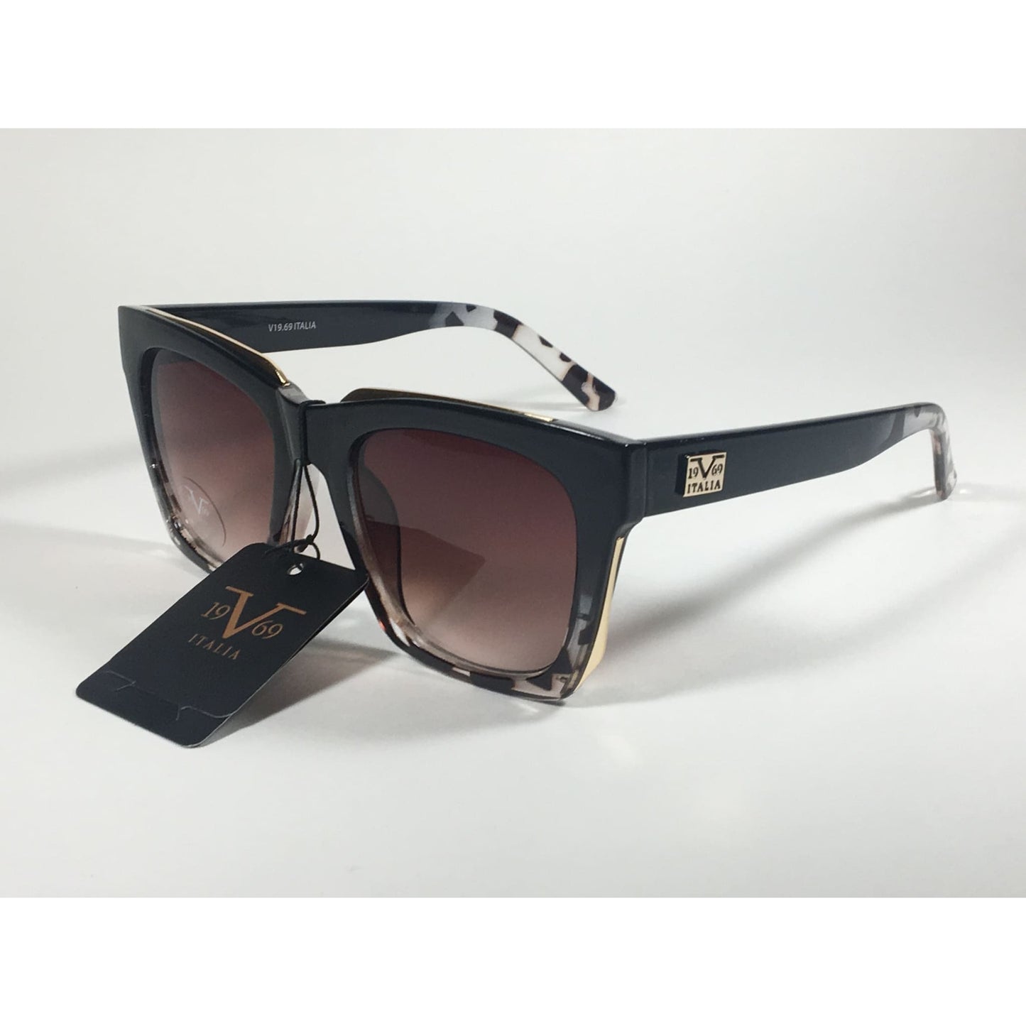 Versace 19V69 Italia Vittoria Large Square Sunglasses Black Tortoise Brown Gradient Lens - Sunglasses