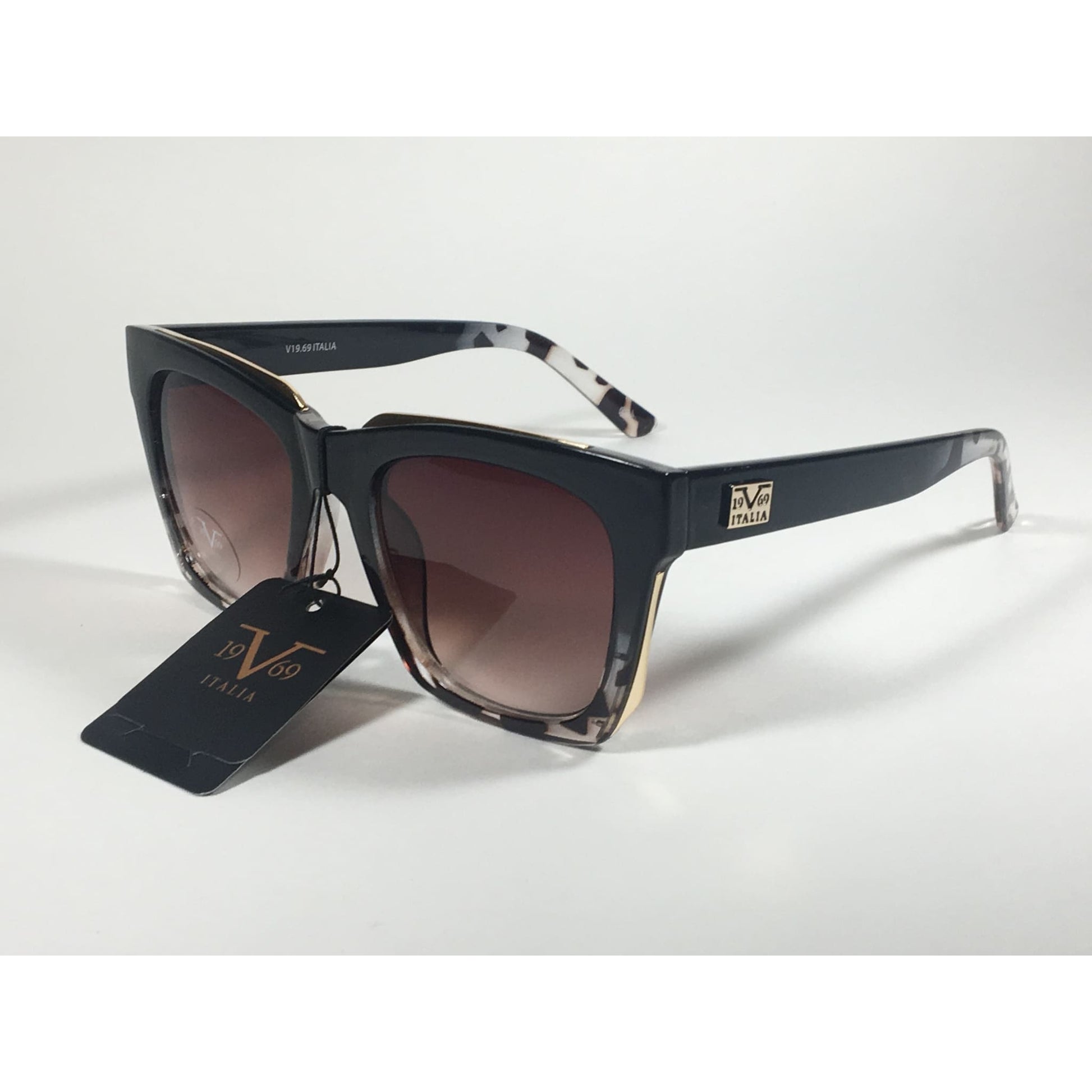 Versace 19V69 Italia Vittoria Large Square Sunglasses Black Tortoise Brown Gradient Lens - Sunglasses