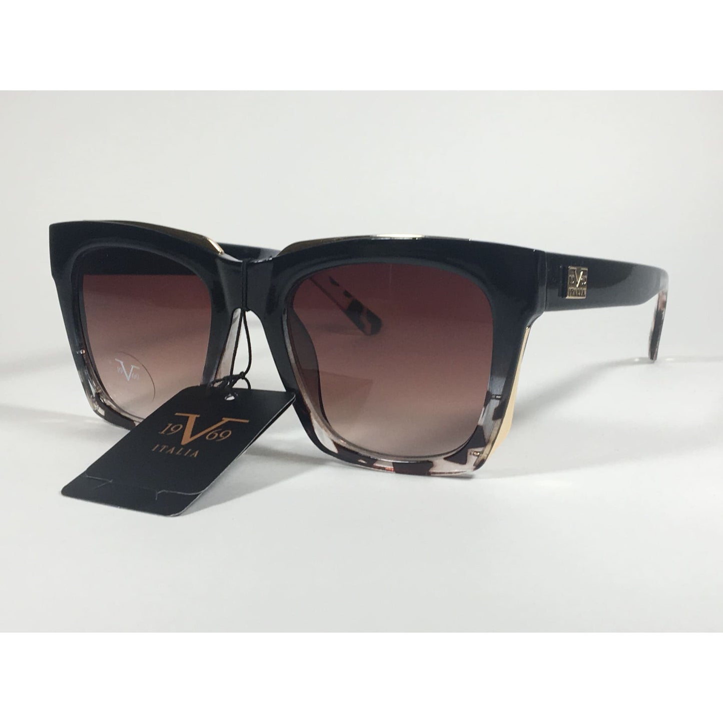 Versace 19V69 Italia Vittoria Large Square Sunglasses Black Tortoise Brown Gradient Lens - Sunglasses